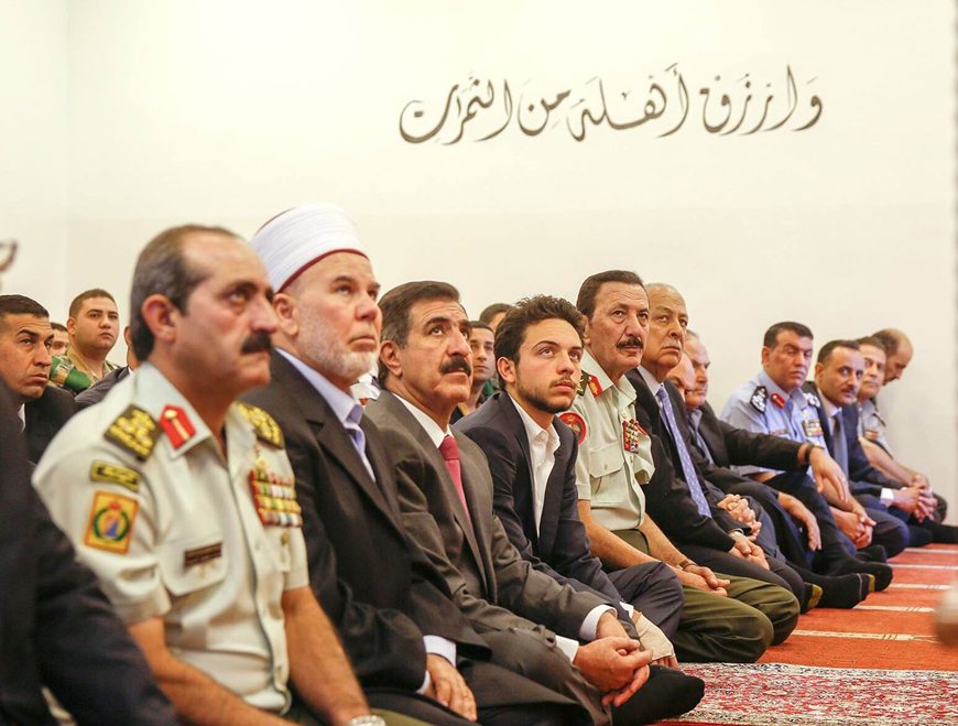 HRH Crown Prince Hussein, the Regent, performs the Eid Al Fitr prayer on Friday at Al Haras Al Malaki Mosque in Aqaba (Photo courtesy of Royal Court) 